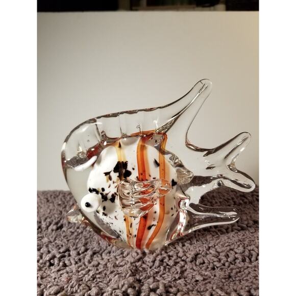 Art Glass White Orange Striped Angel Fish Googly eyes Paper weight‎ 6x5 Inches - Picture 1 of 7